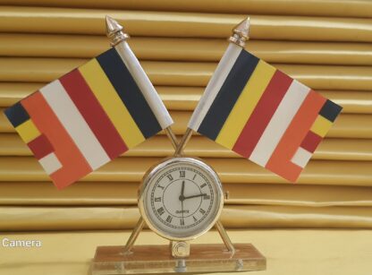 Panchsheel Flag in Pair with Clock in Oval Shape Stand for All Car Desk and Office Table Decoration